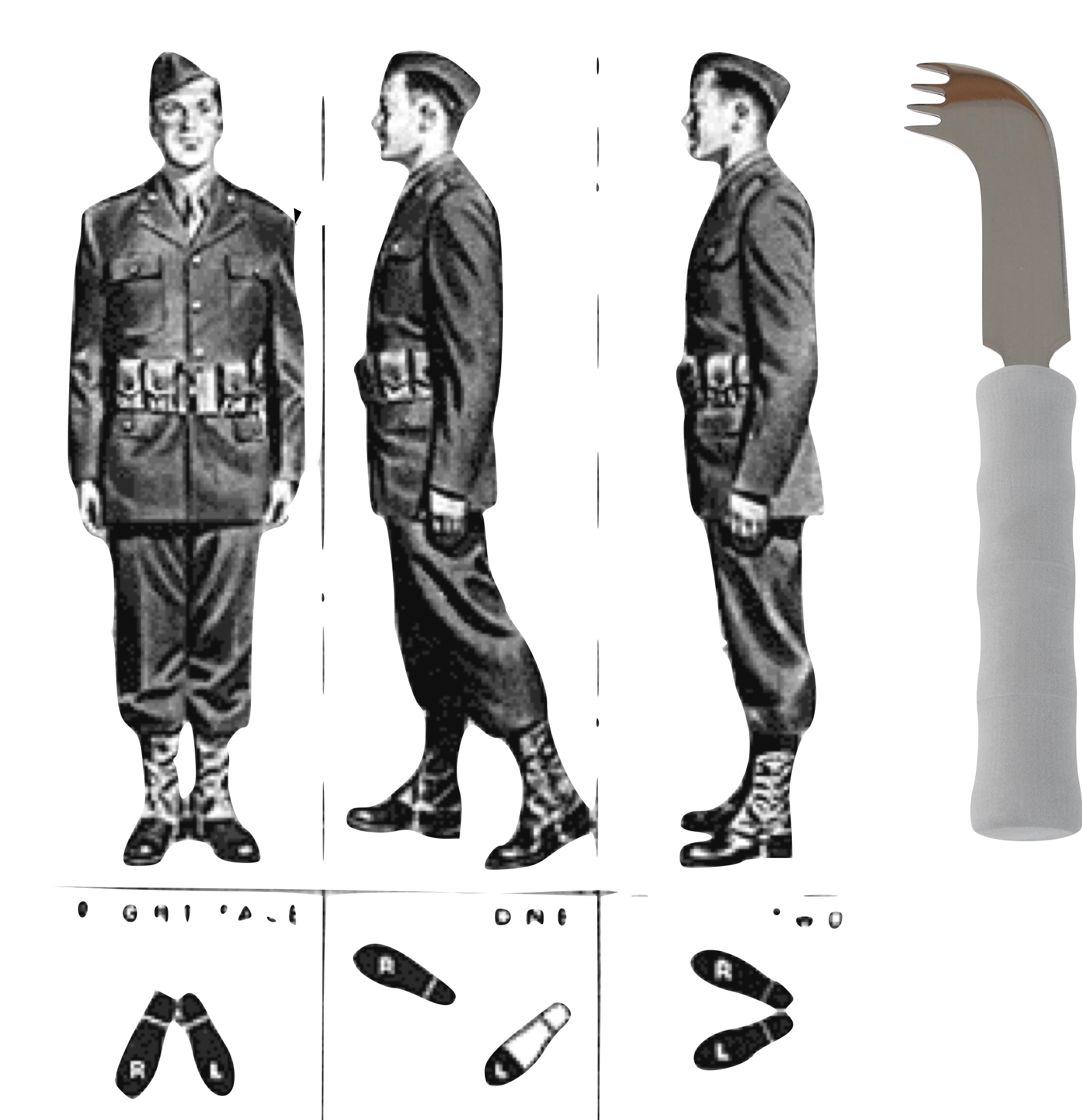 A cut out of three soldiers, followed by a hybrid knife/spoon