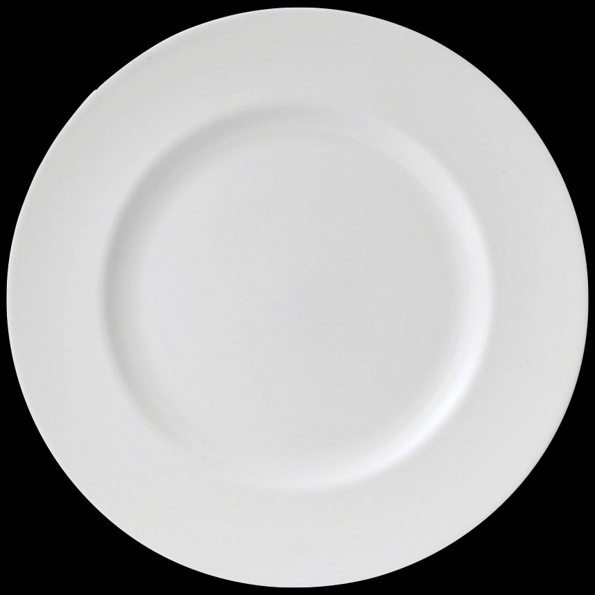 A white dinner plate on a black background